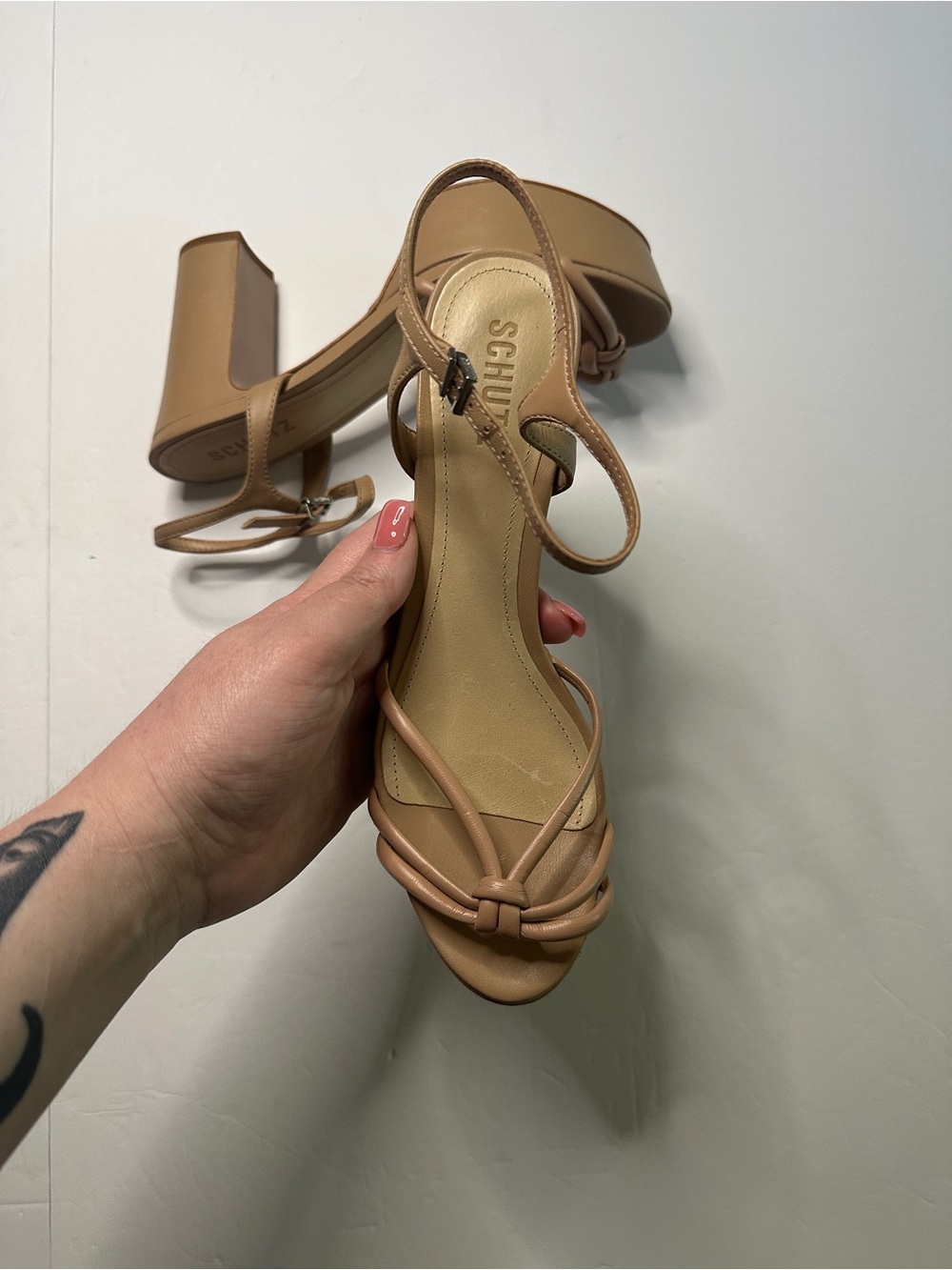 Schutz Tan Strappy Block Heel Sandals Size 7.5